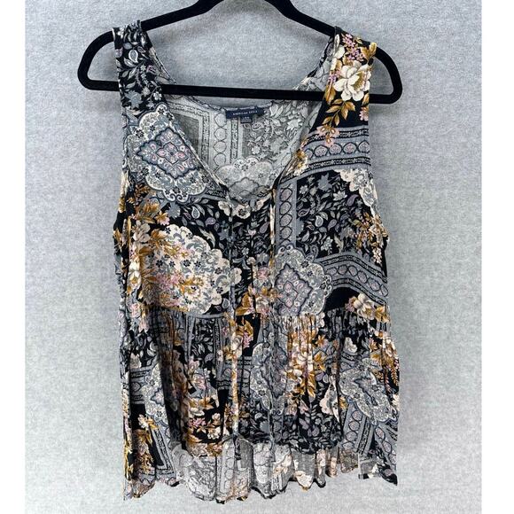 American Eagle Women's sz L BOHO Flowy Sleeveless Tank Top Buttons Floral - Picture 1 of 8